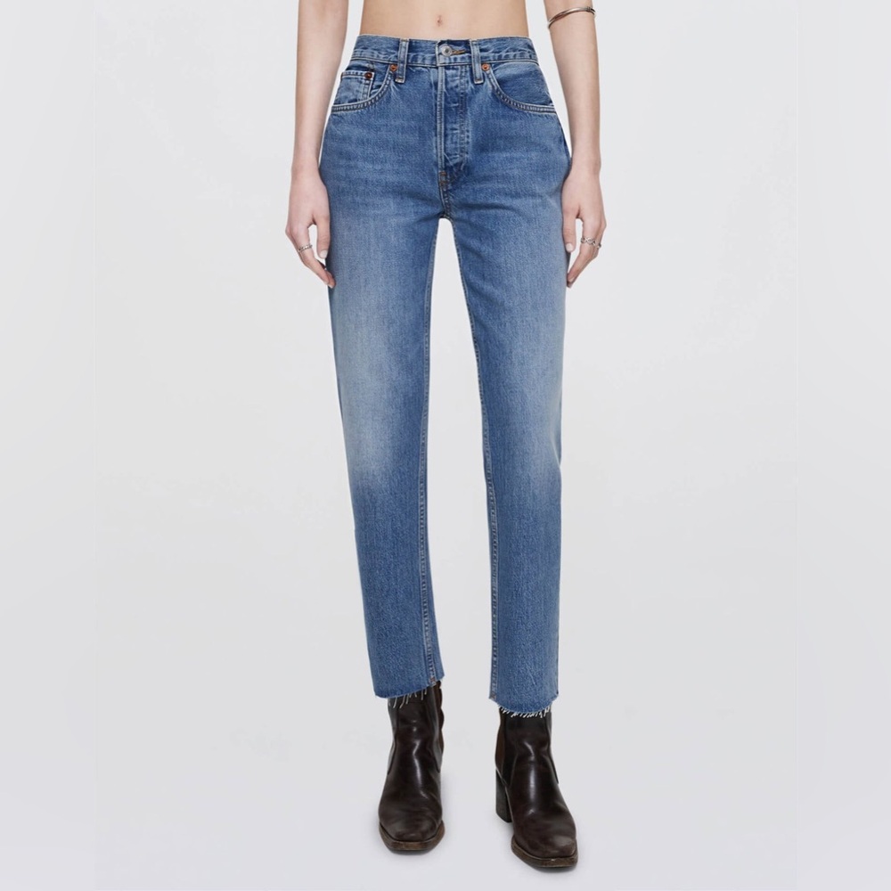 REDONE Originals High Rise Stove Pipe Cotton Button Fly Raw Hem Blue Jeans 28